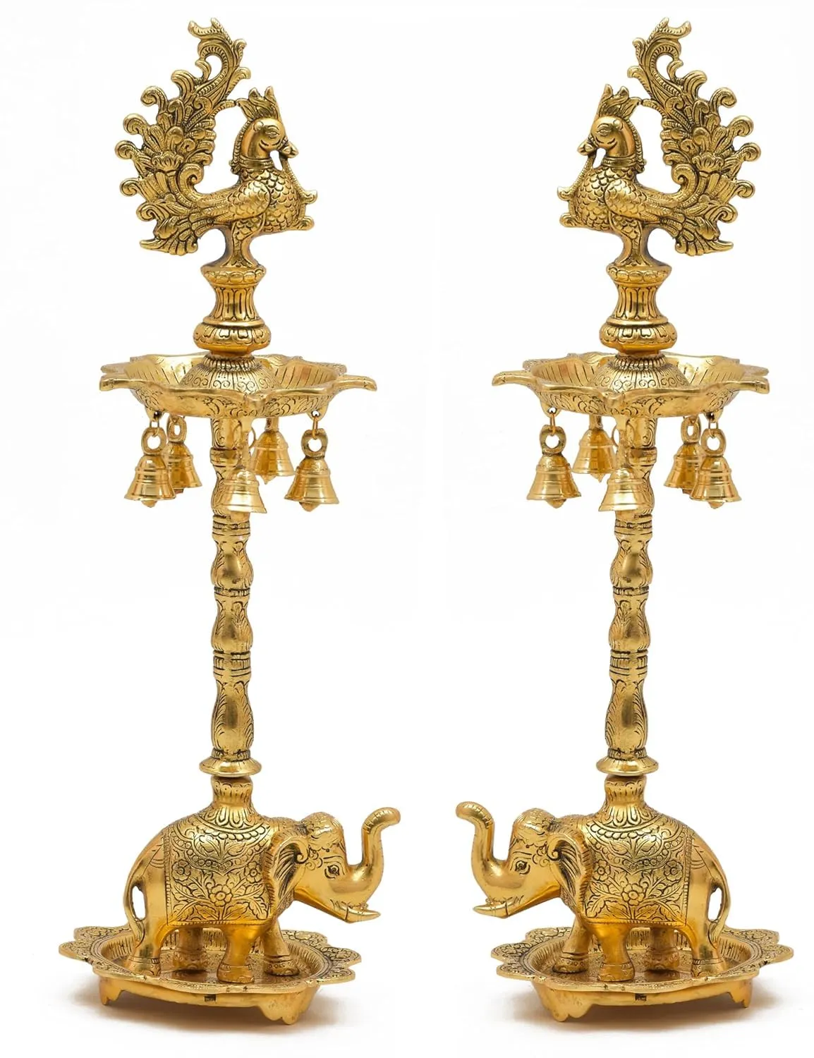 Peacock Samai Pair (Diya Stand) with Elephant Base & Plate Aluminium